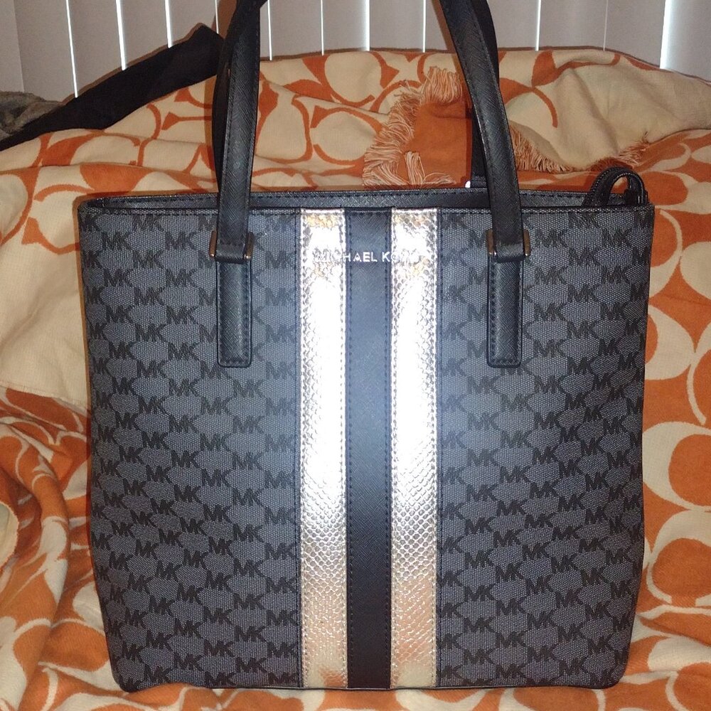 Michael Kors Black Monogram Tote with Silver Stripes